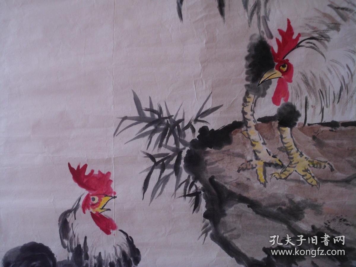 公鸡山石 1（寓意:室上大吉）手绘彩色镜心国画   货号11