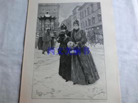 【现货 包邮】1890年木刻版画《圣诞节采购》两位美丽的女郎（weihnachtseinkäufe）尺寸约41*29厘米（货号 18023）