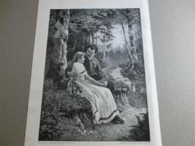 【现货 包邮】1900年木刻版画《在森林小径旁的情侣》（Am waldesrand）  尺寸约41*29厘米 （货号100646）