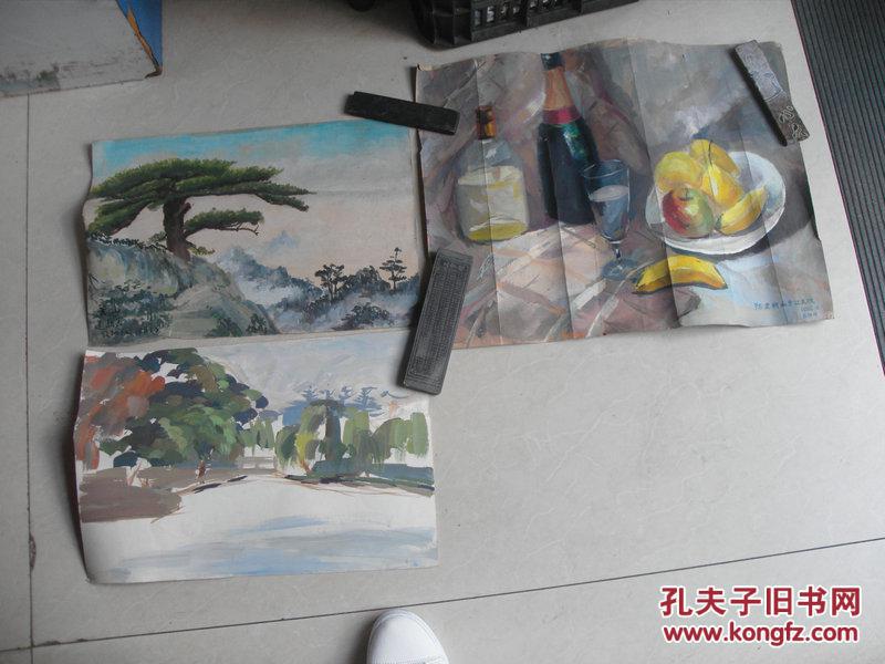八十年代陈建朝水粉画三张合售：黄山（40X27）其余两幅画如图