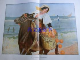 【现货 包邮】1890年巨幅套色木刻版画《海滩田园诗》（strandidylle）尺寸约56*41厘米 （货号 18020）