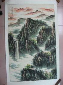 【104—1】吴湖帆（著名中国书画艺术大师）山水画纯手工绘画长93X宽150（cm）全图气势恢宏 首尾贯通 细部刻画精到 水墨渲染 干湿并用 层层晕染 雨云笼罩 水天一色 品相美中不足此画保管不好受潮起霉点破损重揭裱 此画来自美院物品-吴湖帆款 真伪请买家自鉴。