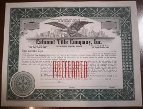 [老股票 美国]  美国Calumet Title Company, Inc.股票一枚  未使用 少见