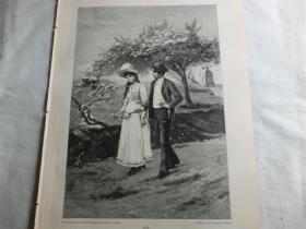 【现货 包邮】1890年木刻版画《复活节假期小径上的情侣》 （Osterferien） 尺寸约41*28厘米（货号 M6）