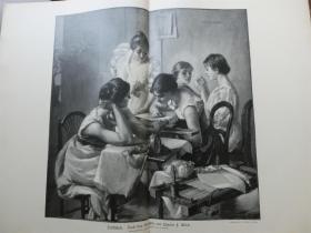 【现货 包邮】1896年巨幅木刻版画《缝纫的姑娘们》（Stickschule） 尺寸约54.2*40.8厘米 （货号 101054）