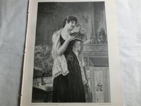 【现货 包邮】1890年木刻版画《爱的问候》 （Liebes gruss） 尺寸约41*28厘米（货号 M6）