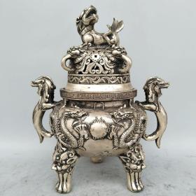 黄铜鎏银螭龙狮盖熏香炉
尺寸如图，重2430克