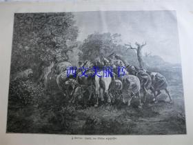 【现货 包邮】1890年木刻版画 《被狼袭击的马群》 Gestüt, von wolfen angegriffen   尺寸约41*28厘米（货号 18016）