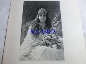 【现货 包邮】1890年木刻版画《以斯帖》美女，圣经中著名女性人物（Esther）尺寸约41*29厘米（货号 18023）