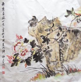 天津名家  陈福春 花鸟斗方  手绘国画（卉度春风）