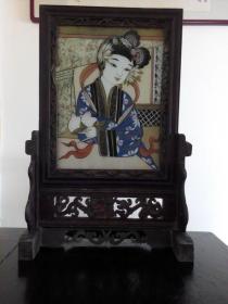 清代玻璃画仕女座镜子，规格62.5x41cm。