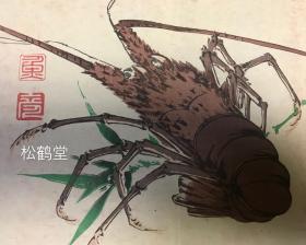 《龙虾》1件，日本老旧花鸟画，画面为一只气势威武的大龙虾，手画，有印款，自然陈旧，年代久远之物。