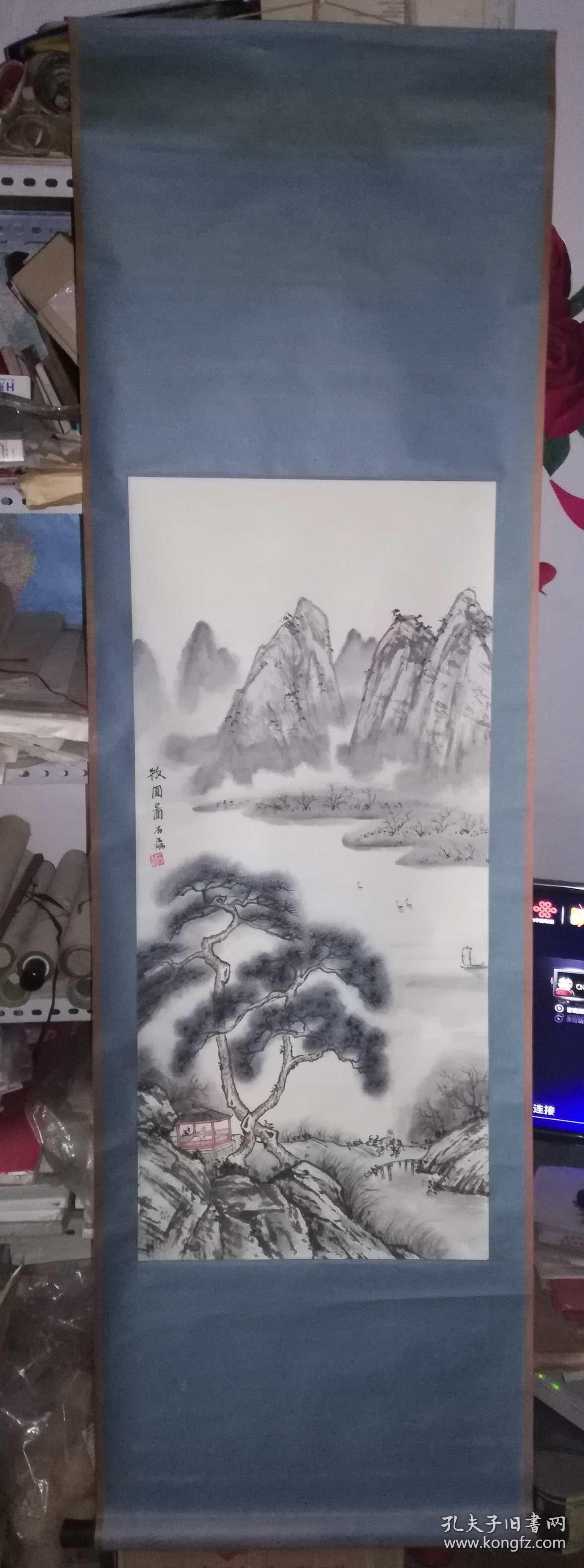 手绘真迹国画：石磊山水画《牧回图》立轴