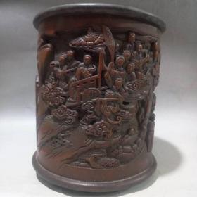 竹雕文房迎驾图笔筒，高17cm，宽15.5cm