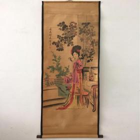 仿古字画国画中堂画收藏客厅装饰画山水画挂画 唐寅站书女已装裱