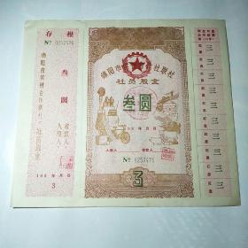 绵阳市供销合作社联社“社员股金”（叁圆）带“存根” 9.5品!