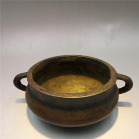 古董古玩 热卖收藏 黄铜圆香炉造型古朴做工精致包浆老气