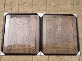 清中期大尺寸清水博古清供木雕花板一对（已装框）