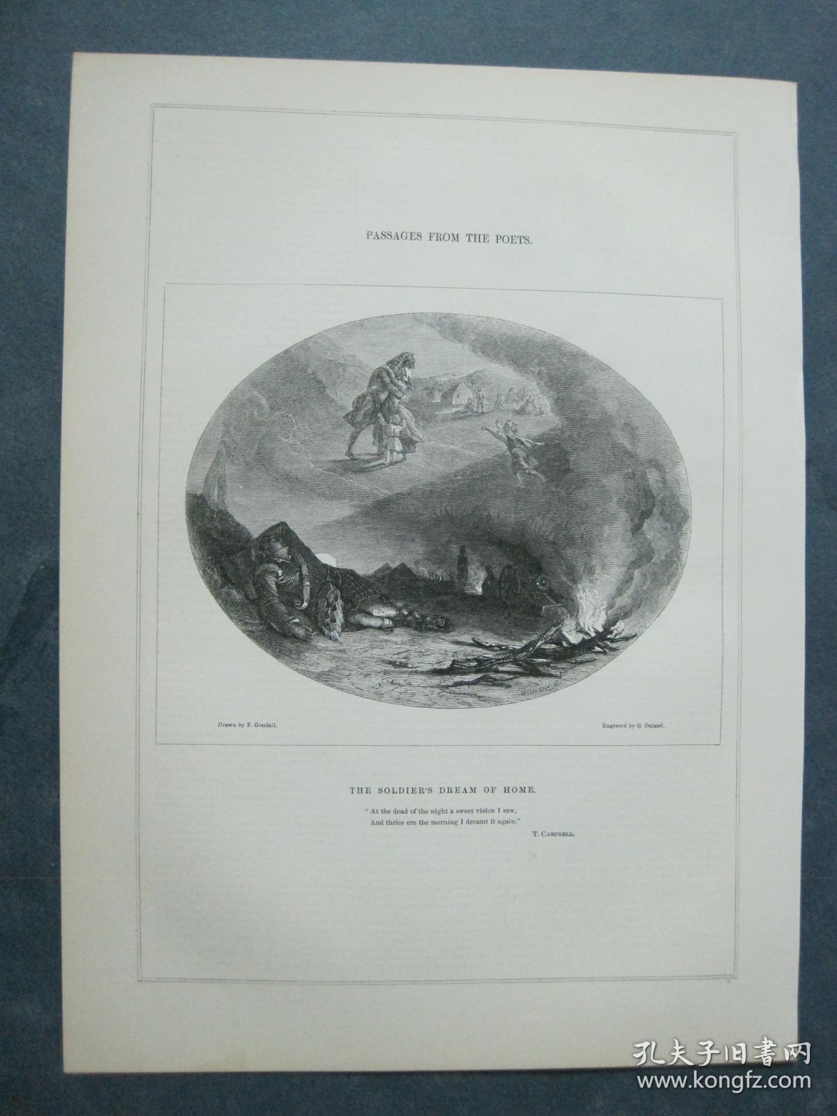 1850年 木口木刻 木版画 PASSAGES FROM THE POETS系列之5 《THE SOLDIER'S DREAM OF HOME》 背面有文字