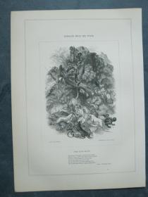 1850年 木口木刻 木版画 PASSAGES FROM THE POETS系列之17《THE LION HUNT》 背面有文字