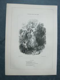 1850年 木口木刻 木版画 PASSAGES FROM THE POETS系列之19《L'ALLEGRO》 背面有文字