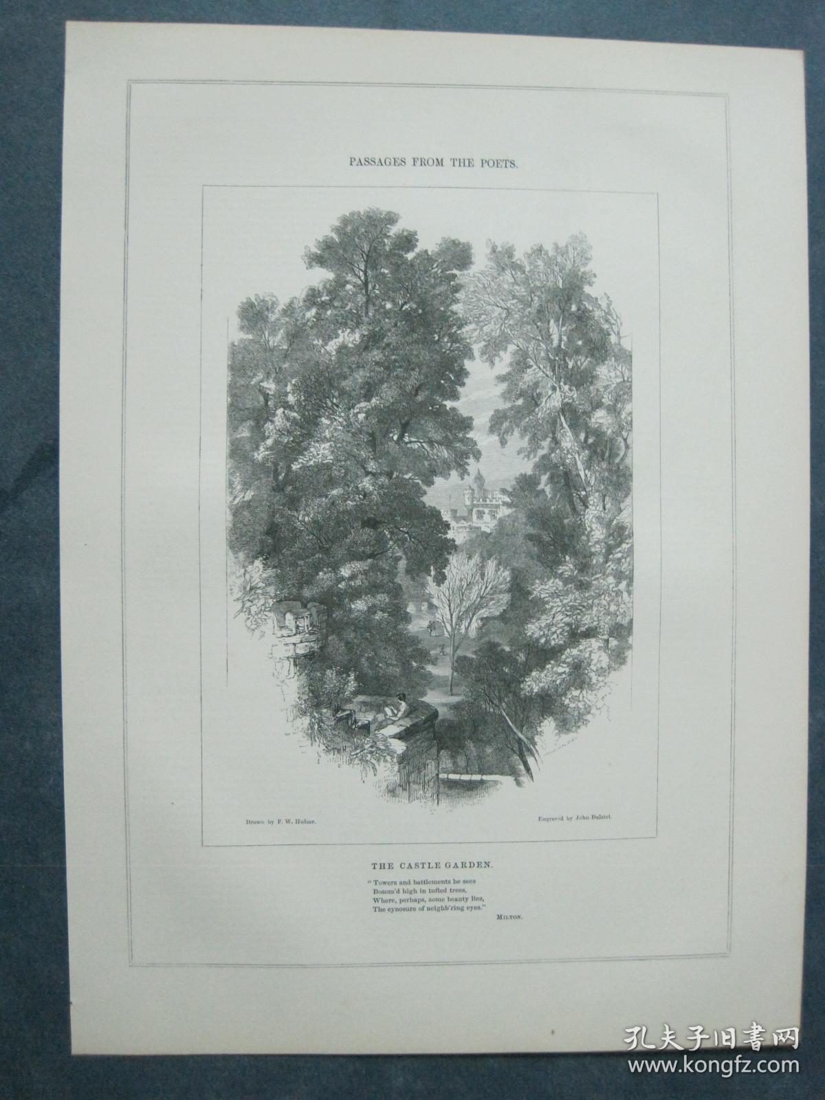 1850年 木口木刻 木版画 PASSAGES FROM THE POETS系列之22《THE CASTLE GARDEN》 背面有文字
