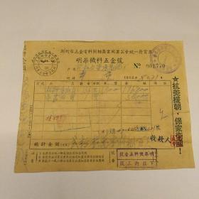 印有‘抗美援朝保家卫国’明华机料五金号的发票  背面有6枚1949年地球红旗税票