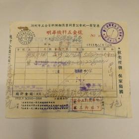 印有‘抗美援朝保家卫国’明华机料五金号(红色字)的发票  背面有1949年地球红旗和1952年拖拉机的税票共9枚