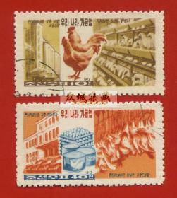 外国 朝鲜 1972年 养鸡 禽类 动物绘画邮票2枚 盖销