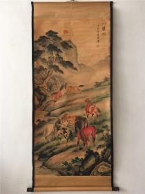 仿古字画中堂画国画风景动物画悲鸿松下八骏图仿古工艺家居装饰画