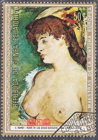 外国邮票-几内亚拉斐尔油画、美女人名画（裸胸）大幅美人油画邮票，原胶全新盖销票