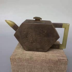 锡镶玉【福禄寿】壶，锡壶 细节如图