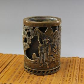 笔筒黄铜摆件仿古人物纯铜镂空铜雕实用七夕工艺礼品