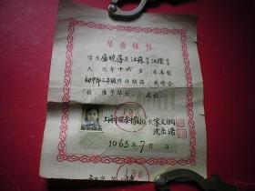 上海市瑞金中学 毕业证书 女同学照片 1963年