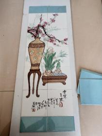 淄博制瓷名家淄博瓷厂厂长总经理崔永顺 釉下五彩瓷板画岁寒三友1985，画板10张，每张15*15，装饰蓝板11张，部分分切