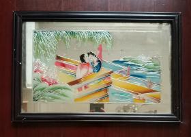 民国精品玻璃画：《大乔小乔》镜面尺寸：40*25（cm），带木框