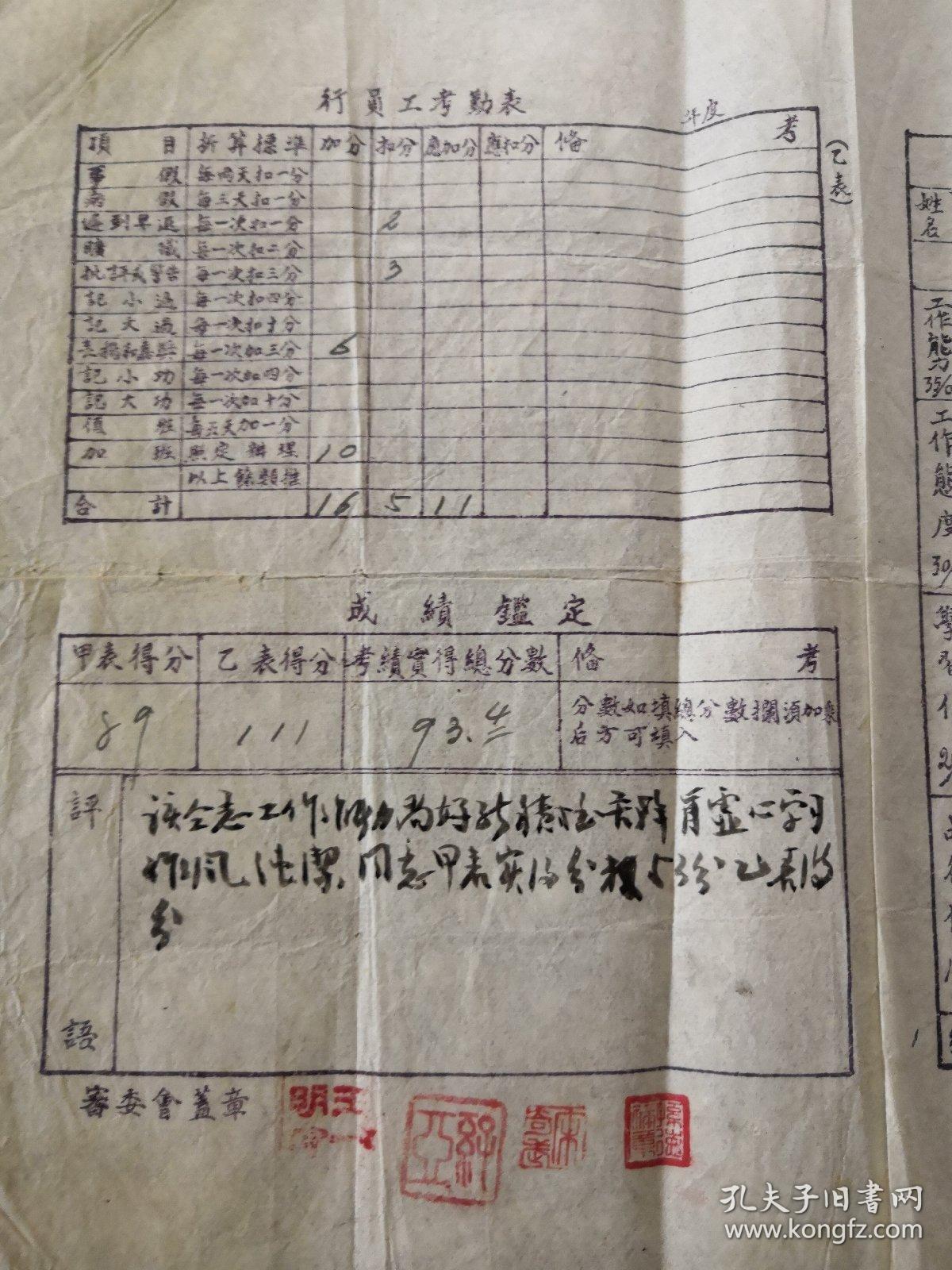 行员工考勤表 1968年  一张行员工考绩表