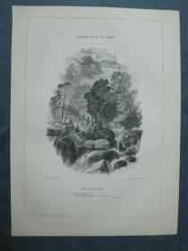 1850年 木口木刻 木版画 PASSAGES FROM THE POETS系列之4《THE CRAGGY WILD》 背面有文字
