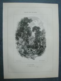 1850年 木口木刻 木版画 PASSAGES FROM THE POETS系列之6《VILLAGE HOMES》 背面有文字
