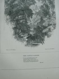 1850年 木口木刻 木版画 PASSAGES FROM THE POETS系列之22《THE CASTLE GARDEN》 背面有文字