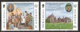 英属马恩岛 1980年 欧罗巴邮票 诗人朗诵 故居建筑 邮票 2全新