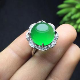 天然绿玉髓戒指s925银镶嵌玉戒指祖母绿指环玛瑙冰种活口玉戒指女