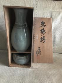 古旧品   日本茶道  花器   钧釉双耳花瓶水盂瓷器两只一组  原装木盒