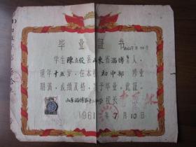 1961年山东省淄博市第十二中学毕业证书