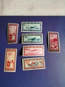 外国邮票 印尼邮票1949年高值航空邮票7枚（无邮戳新票)
