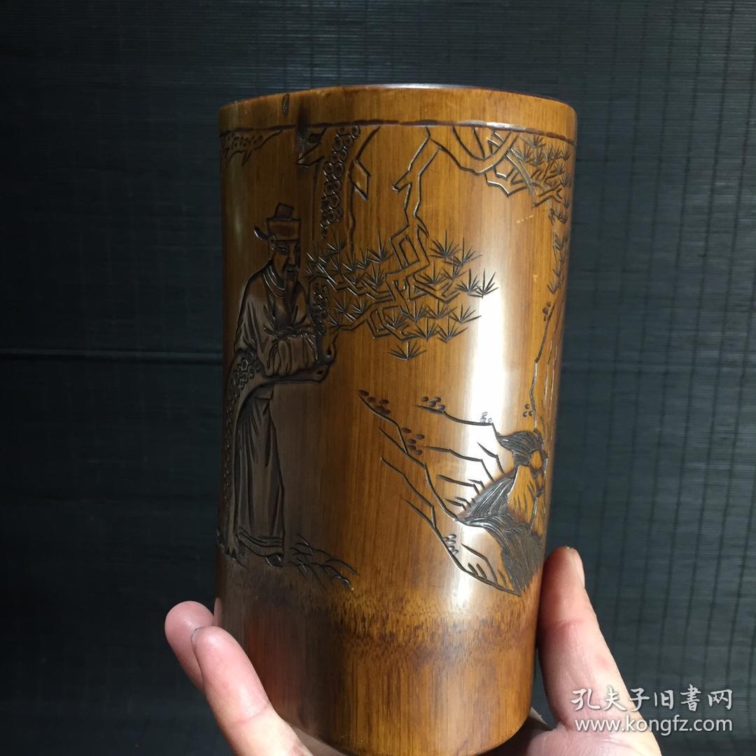 收来的文房竹雕笔筒【高士图】