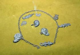 清代寿螺壁虎银项链(散料)和长命小银锁片 带款