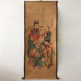 仿古字画中堂画国画风景人物画唐寅寿星九人图家居装饰画复古挂画