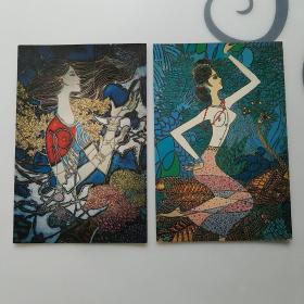 老明信片，美女明信片，2张
