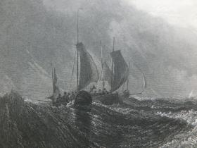 【现货 包邮】1863年钢版画《从加来出发的船》（boats off calais）纸张尺寸32.3×23.6厘米（货号201342)